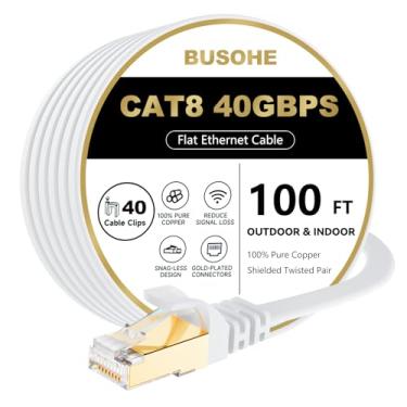Imagem de Cabo Ethernet Cat8 plano BUSOHE de 30,4 m, 40 Gbps, 2000 MHz, de alta velocidade com conector RJ45 banhado a ouro, cabo de rede LAN com 40 clipes para roteador/jogos/computador, S/FTP