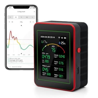 Imagem de Monitor de qualidade do ar interno 15 em 1 CO/CO2/HCHO/TVOC/AQI/PM0.3/PM1.0/PM2.5/PM10/termômetro/monitor de umidade/data e hora/despertador/temporizador/aplicativo móvel, WiFi, alertas e notificações