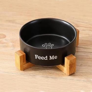Imagem de Comedouro de cerâmica com suporte de madeira para cães e gatos, Modelo Feed Me (Preto)