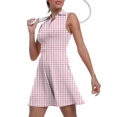 Imagem de Vestido feminino de duas peças para golfe FPS 50+ esportivo esportivo esportivo com bolso e shorts separados, 14 Houndstooth rosa, XGG