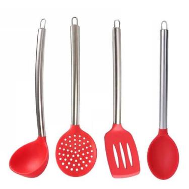 Imagem de Jogo Utensilios Cozinha Silicone Cabo Metal 04 Pçs Vermelho - Unyhome
