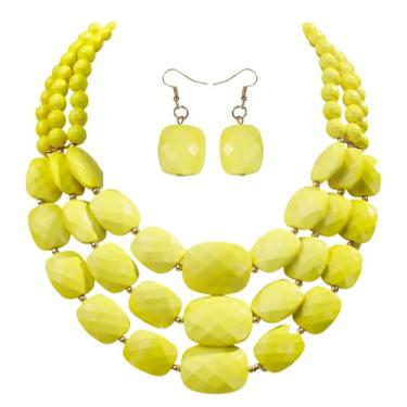 Imagem de HOKPLITE Conjunto de colares e brincos grossos com contas de 2 camadas, conjunto de joias feitas à mão para mulheres, colar de fantasia tribal africana, Acrílico, Sem Pedra Preciosa