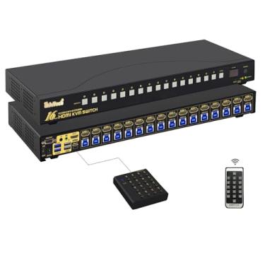 Imagem de JideTech Switch 16X1 Hdmi Kvm com Hub Usb 3.0, 16 Em 1 Saída 4K Hdmi Switcher com Resolução 4K 60 Hz, Suporte para Switch Kvm de Montagem Em Rack Hdcp, Edid, Comutação de Mouse com Tecla de Atalho Par