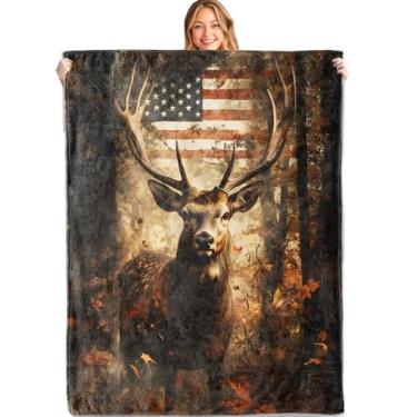 Imagem de MIEPOS Cobertor retrô patriótico de cervo, 101,6 x 127 cm, flanela leve e macia, cobertores de vida selvagem com bandeira americana - presentes para mulheres e homens, para sofá, escritório, viagem,