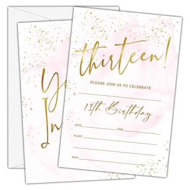 Imagem de Convites de aniversário - Convites de aniversário de 13 anos com envelopes (25 unidades) - Cartões de convite de festa de preenchimento de folha dourada pastel para meninas e crianças decorações de