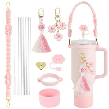 Imagem de Conjunto de acessórios para copo Stanley, alça de paracord para transporte simples moderno e outros copos de 227 g - 1,134 g. Conjunto de transporte de garrafa de água de 12 peças (rosa rosa)