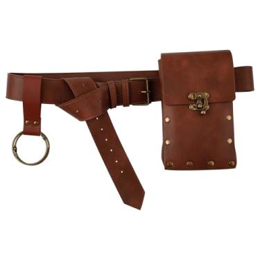 Imagem de Bolsa de cinto renascentista, bolsa de cintura de couro premium renascentista com cinto e botão de cintura bolsa de cinto medieval, roupas e acessórios com tema renascentista (marrom), Marrom, Medium