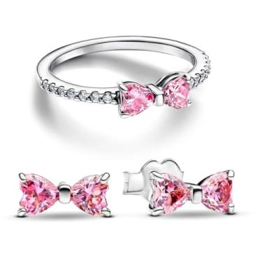 Imagem de Conjunto de anéis de laço brilhante UneDouce com revestimento de ouro 14K | Conjunto de brincos e anéis de laço rosa para mulheres | Anel de promessa de amizade, conjunto de joias de laço empilhável