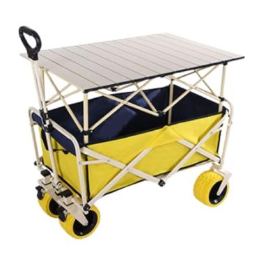 Imagem de carroça Carrinho de vagão com rodas dobrável, carrinho de jardim de acampamento com alça ajustável, vagão de praia com rodas grandes e mesa dobrável dobrável