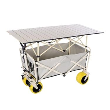 Imagem de carroça Carrinho de vagão com rodas dobrável, carrinho de jardim de acampamento com alça ajustável, vagão de praia com rodas grandes e mesa dobrável dobrável