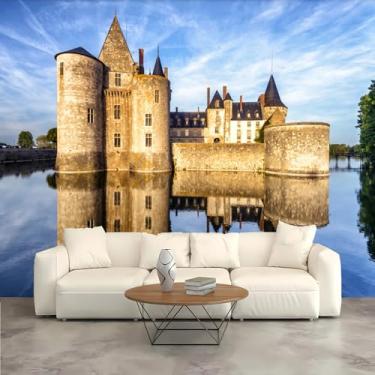 Imagem de Lcythiazole Personalizável Peel and Stick, papel de parede mural de castelo grande, paisagem retrô de castelo HD mural de fotos próximo ao lago, para sala de estar, quarto, restaurante, café