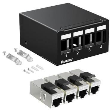 Imagem de PBAEGAV Patch Panel 4 portas com 4 peças Cat6A Keystone Jack STP sem ferrugem e durável (1U 4 portas Cat6A Keystone Jack blindado)