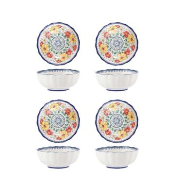 Imagem de Conjunto de tigela e prato retrô criativo e personalizado, utensílios de mesa de cerâmica domésticos, tigela de sopa de orelhas duplas, tigela de cerâmica, prato de 10 cm, flores polonesas, 4 pacotes