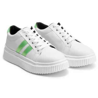 Imagem de Tênis Feminino Branco com Listras Verde e Sola Borracha Plataforma - F