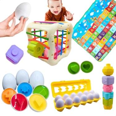 Imagem de Kit Brinquedos Montessori Cubo Didático Ovos de Montar Encaixar Chocalho com Brinde Tapete Tatame Presente Natal Aniversário Dia das crianças Infantil bebê 12 Meses 1 2 3 Anos