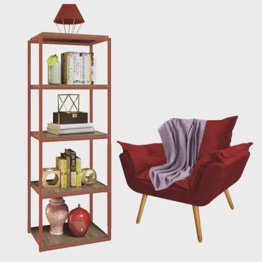 Imagem de Kit Poltrona Fatte com Manta Soft Lilás e Estante Livreiro Ferro Bronze mdf Carvalho Suede Vermelho - Ahz Móveis