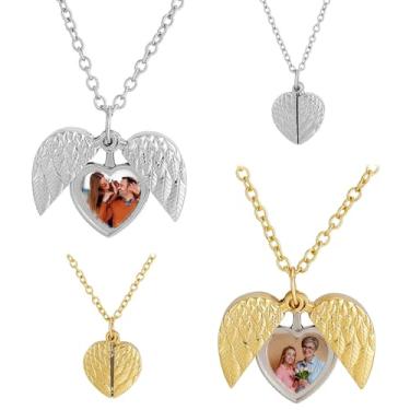 Imagem de AHANDMAKER 2 unidades de colar com medalhão de asas de anjo com foto de coração, 2 cores, medalhões de asa de anjo mental, pingente de coração para mulheres, mãe, namorada, joias, presentes de