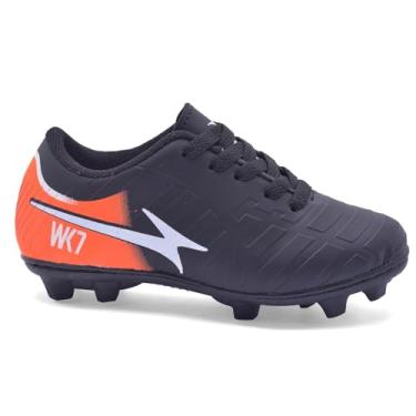 Imagem de Chuteira Infantil de Futebol Campo, Solado com Travas, 28 ao 33 Resistente Costurado (Preto c/Laranja, BR, Criança de 4 a 8 anos, Numérico, 28)