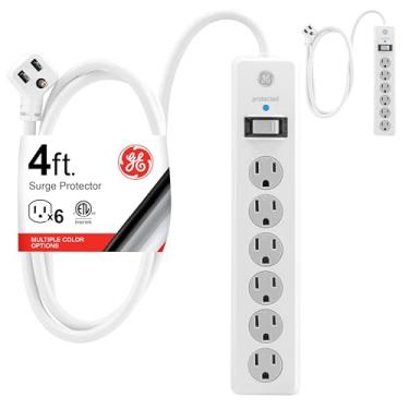 Imagem de GE Protetor de sobretensão de 6 saídas, cabo de extensão de 1,2 m, tira de energia, 800 Joules, plugue plano, capas de segurança torcer para fechar, certificação UL, branco, 54634