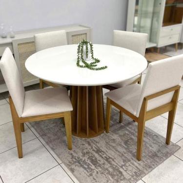Imagem de Mesa Jantar Redonda 115cm e 4 Cadeiras Estofadas em Linho - Casa Lar S