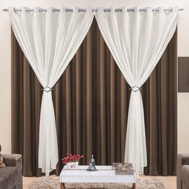 Imagem de Cortina Jéssica 3 Metros Tabaco Tecido Microfibra Com Voal Clássica Cromada