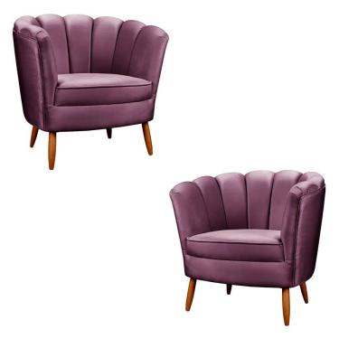 Imagem de Kit 2 Poltronas Decorativa Ariel Petala Com Pés De Madeira Star Confort Roxo