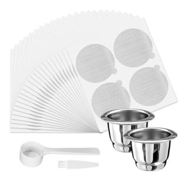 Imagem de Copos K reutilizáveis e cápsulas de café, de aço inoxidável, compatíveis com máquinas Nespresso, com tampas adesivas de folha de alumínio (2 xícaras + 100 tampas)