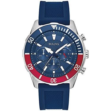 Imagem de Bulova Relógio esportivo masculino de quartzo com cronógrafo de 6 ponteiros com pulseira de silicone, 24 horas, data do calendário, ponteiros e marcadores luminosos, resistente à água 100 m, 44 mm