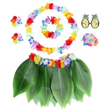 Imagem de Yymobt 7 peças de hula havaianas, saias de folhas de flores havaianas, saias de flores para mulheres, vestidos de saia de grama tropical, fantasia de fortuna para lembrancinhas de festa na praia
