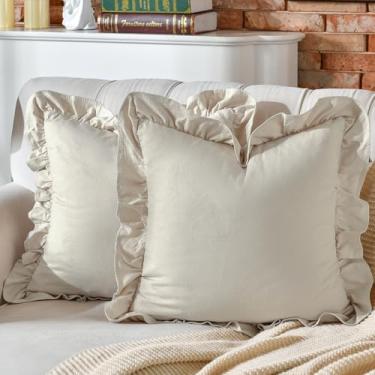 Imagem de AmHoo Pacote com 2 fronhas 100% algodão pré-lavadas com babados decorativos para sofá, quarto, 61 x 61 cm, bege