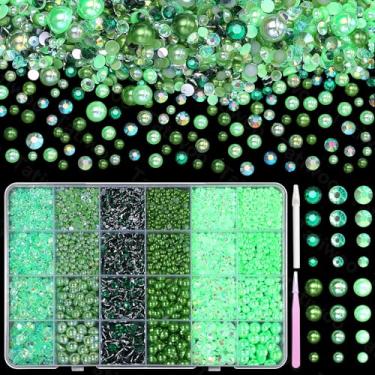 Imagem de Tatiwoo 9000 Peças De Pérolas E Strass Verdes Com Fundo Plano Para Artesanato, Resina Gelatinosa 3/4/5/6 Mm, Tamanhos Mistos 3/4/6/8 Meia Pérola, Joias Deslumbrantes Unhas, Artesanato Faça Você Mesm