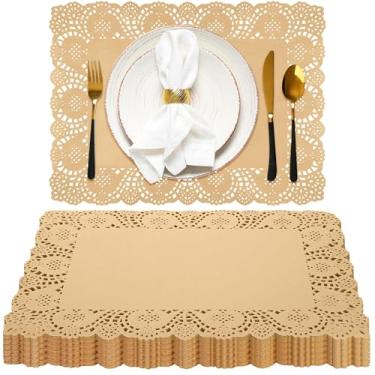 Imagem de Aneco Pacote com 300 toalhas de papel retangulares descartáveis 39,9 x 30 cm jogo americano de renda marrom Kraft Doilies de papel para comida, artes, artesanato, decoração de mesa de casamento