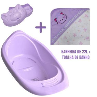 Imagem de Kit banho bebê banheira 22l + toalha fralda com capuz e bordado + sabo