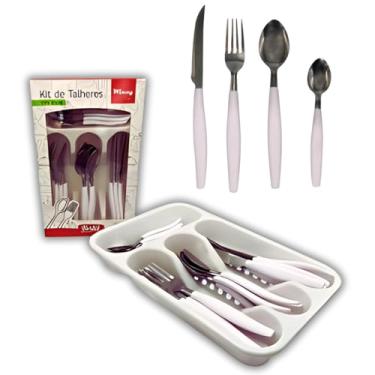 Imagem de Conjunto de Talheres 25 Peças em Aço Inox, Cabo Branco, com Porta-Talheres, 6 Garfos, 6 Facas, 6 Colheres de Mesa, 6 Colheres de Chá