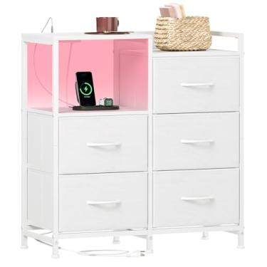 Imagem de Somdot Cômoda branca para quarto com estação de carregamento e luz LED, cômoda larga com 5 gavetas com caixas de tecido e prateleira aberta para cabeceira, sala de estar, berçário, lavanderia,
