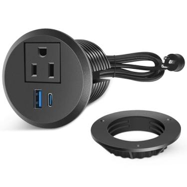 Imagem de Tomada com ilhós de mesa de 5 cm, tomada embutida com carregamento rápido USB-C de 20 W, para salas de conferências, mesas de escritório, móveis, cabo de 1,8 m (listado pela ETL)