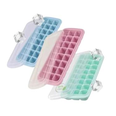 Imagem de Kit 3 Formas de Gelo Silicone com Tampa – 24 Cubos Cada, Flexível, Fácil Desenforme, Li...