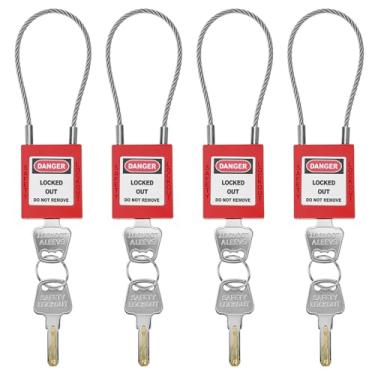 Imagem de QWORK Lockout Tagout Cadeados de cabo de aço com chaves, conjunto de 4 cadeados de bloqueio elétrico de agrupamento ilimitado com chave, vermelho