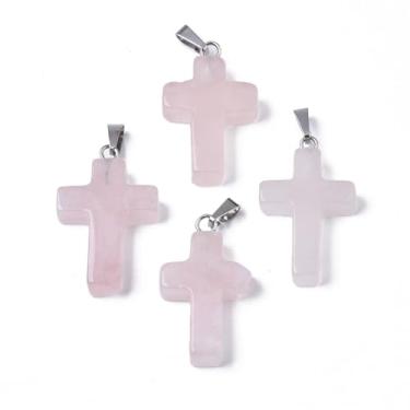 Imagem de LiQunSweet 20 peças de pingentes de cruz de quartzo rosa natural rosa crucifixo religioso para joias faça você mesmo, pulseira, colar, brinco, bolsa, chaveiro, decoração de telefone