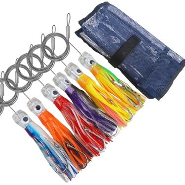 Imagem de Iscas de pedágio de água salgada, 6 peças de iscas de pesca em alto mar com saia de lula, conjunto de iscas de pesca em alto mar offshore para atum, marlin, wahoo, tubarão, mahi, equipamento de pesca