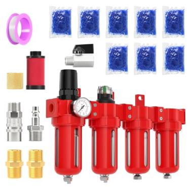 Imagem de MEANLIN Sistema de secagem a ar de liga de zinco NPT de 4 estágios de grau industrial NPT, filtro coalescente, filtro de partículas, secador de dessecante duplo e regulador de ar, dreno manual para