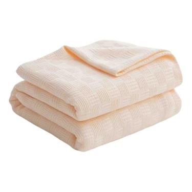Imagem de Cobertor e mantas femininas masculinas para cama adulto casal solteiro para sofá verão colcha fio de algodão de malha é delicado, respirável e macio (bege, 100 x 150 cm)