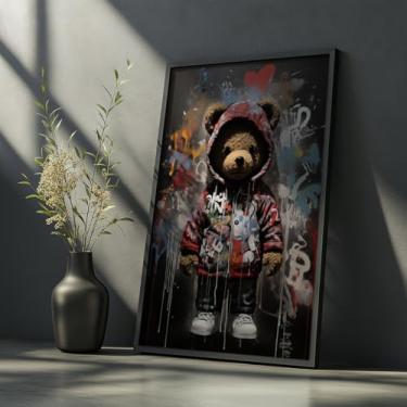 Imagem de Quadro Decorativo Urso Grafite Com Moldura Teddy Bear Moderno Arte Urbana Colorida Infantil Criativa Estilosa Parede Quarto