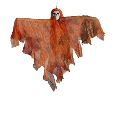 Imagem de Vaveren Decoração de esqueleto de Halloween com fantasma pendurado, decoração de festa assombrada para fachada externa de feriado, Laranja