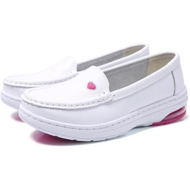 Imagem de Sapatos De Enfermeira Sapatos De Enfermagem Sapatos De Trabalho Confortáveis Slip On Salto De Cunha Antiderrapante Sola Macia Fácil De Colocar E Tirar Para Ficar Em Pé Por Muito T, White, 6 UK