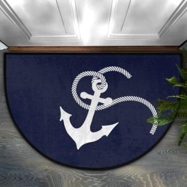 Imagem de Tapete de porta meio redondo náutico âncora marítima – Tapete antiderrapante lavável, tapetes de meia lua para entrada externa e interna, quarto, sala de estar, cozinha, capacho semicírculo 91 x 61 cm