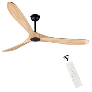 Imagem de Bigzone Ventilador de teto de madeira de 178 cm com controle remoto, motor CC silencioso com eficiência energética, 3 lâminas de madeira, ventiladores de teto externos para pátios com lâminas