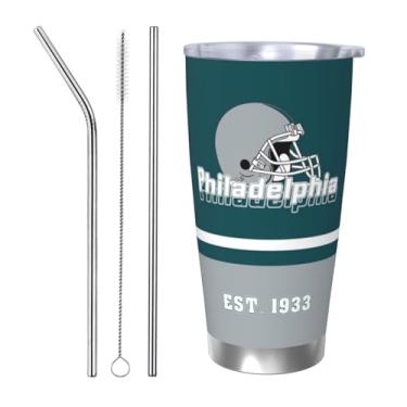 Imagem de Copo isolado do time de futebol de 590 ml com tampa e pincel de canudo mantém bebidas frias e quentes garrafa de água de parede dupla isolada a vácuo caneca de café presente de aniversário para fãs de