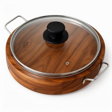 Imagem de Gamela Tábua de Churrasco e petisqueira Redonda de Madeira com Alça e Tampa