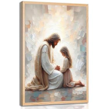 Imagem de Arte de parede Jesus e menina pintura espiritual cristã Jesus orando com criança imagens de pôster religião história bíblia decoração de parede Deus fé fotos para sala de estar, quarto, igreja, casa